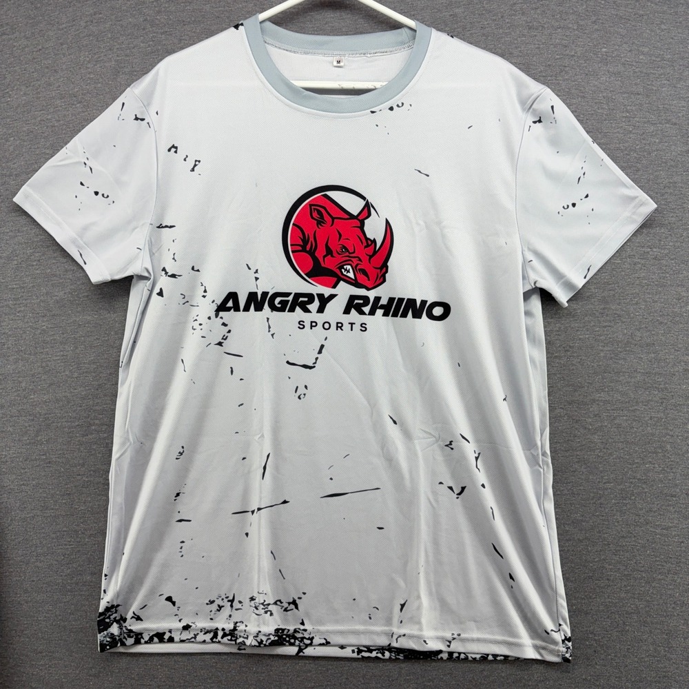Angry Rhino Sports Mens T-Shirt Medium Grey Black Red‎ Graphic Athletic Gym Tee